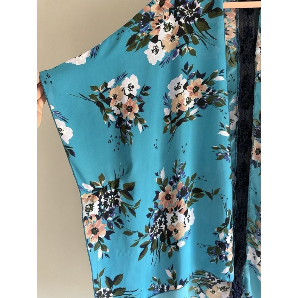 Floral Kimono Cardigan Lace Crochet Sheer Cottage Beach Boho Open Front Duster M - Picture 4 of 15